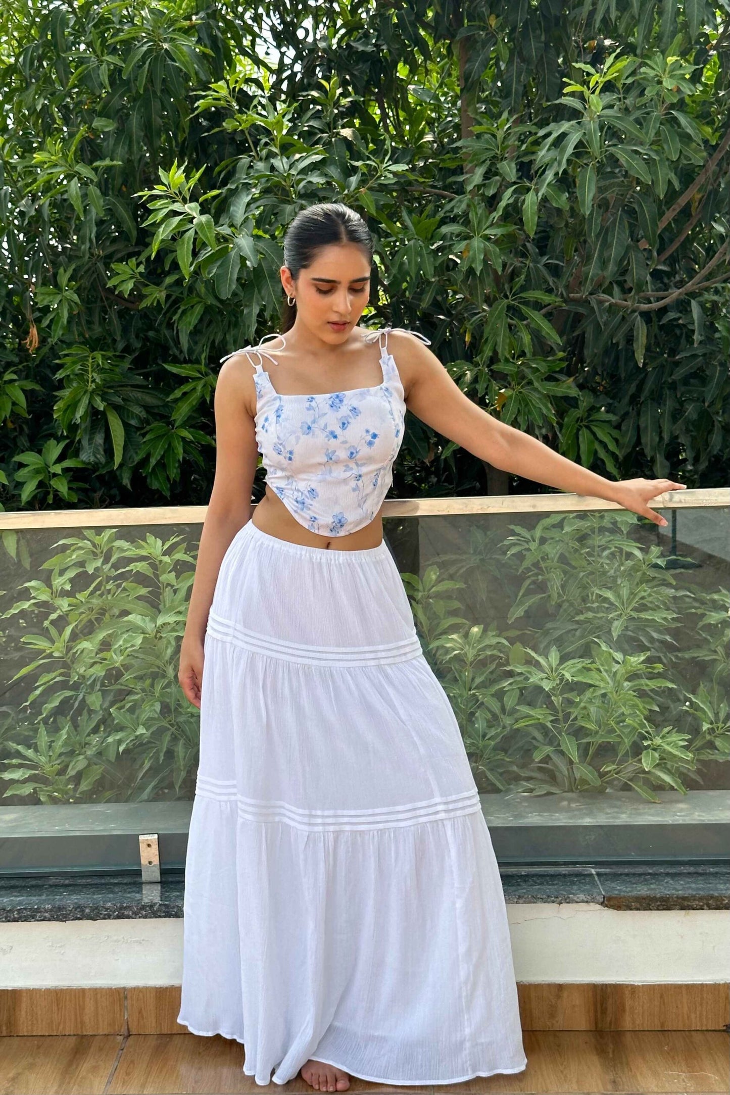 Elizabeth - White Long skirt with Floral print top