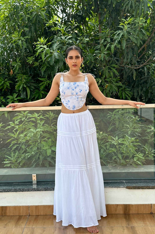 Elizabeth - White Long skirt with Floral print top