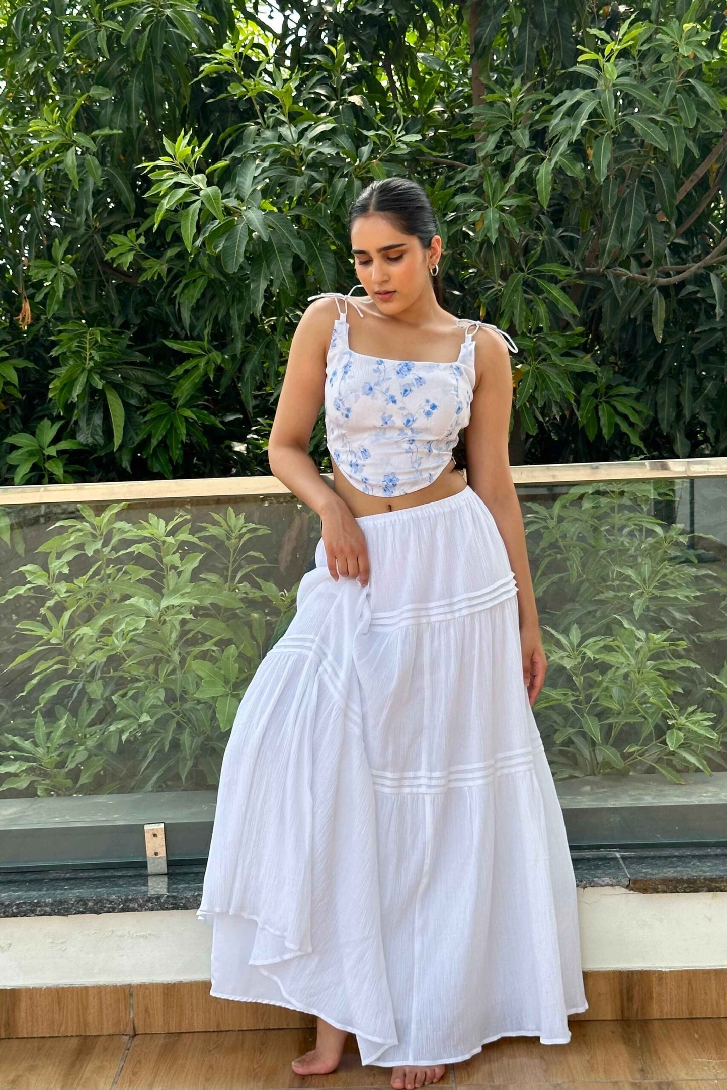 Elizabeth - White Long skirt with Floral print top