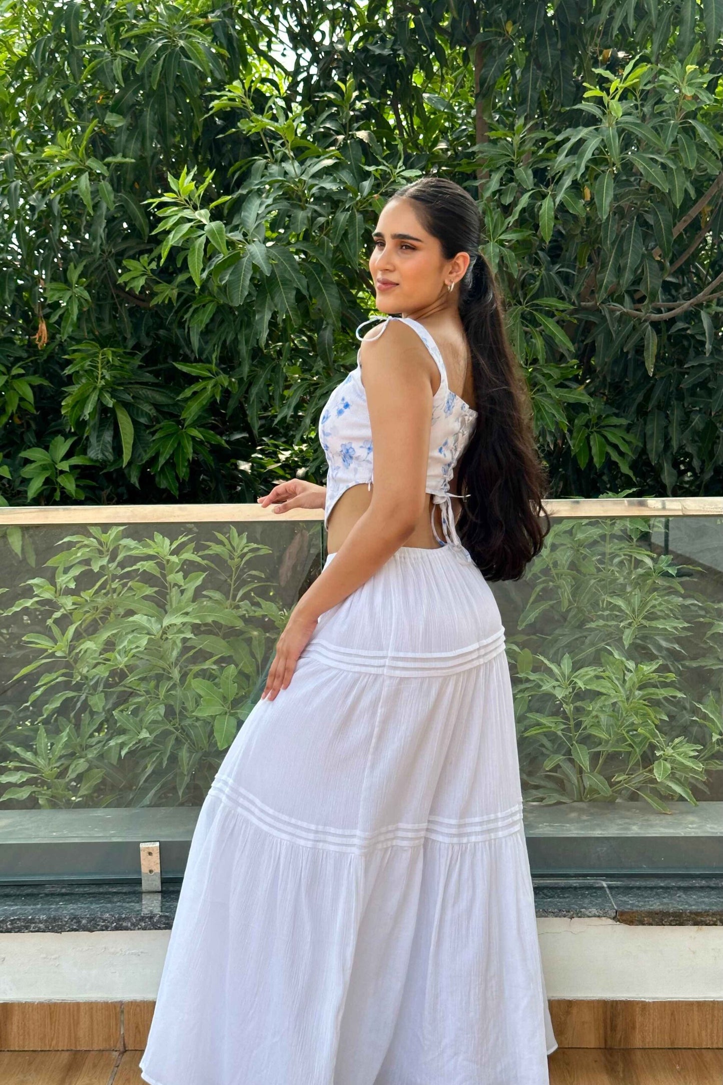 Elizabeth - White Long skirt with Floral print top