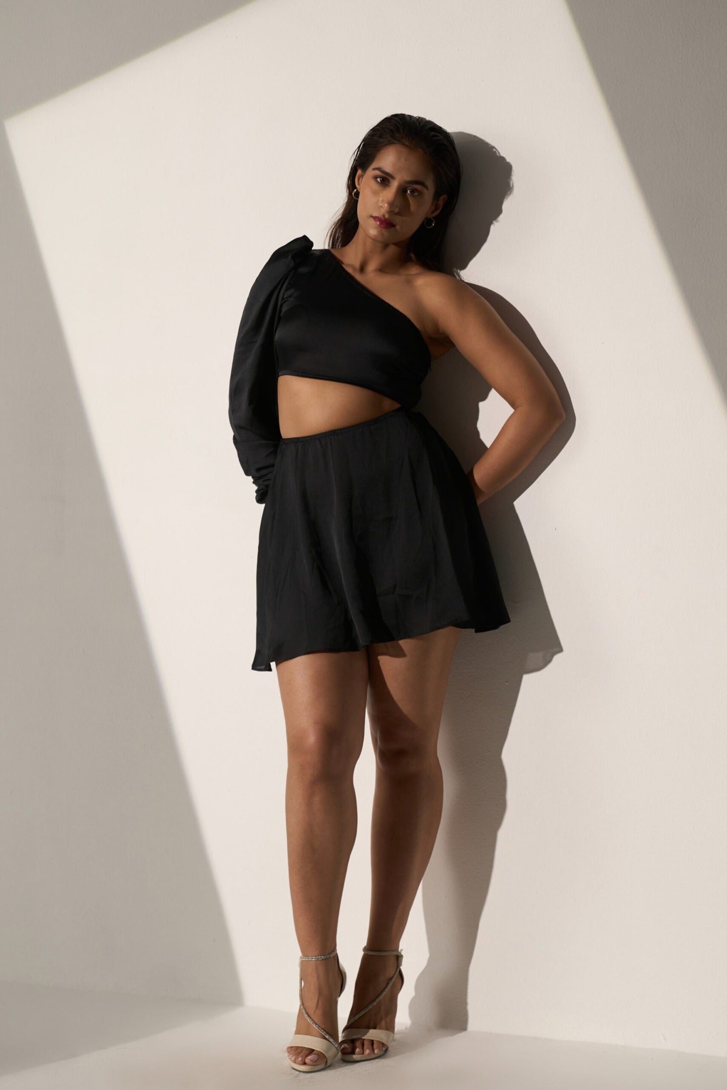 GLAM - One shoulder Black Satin dress