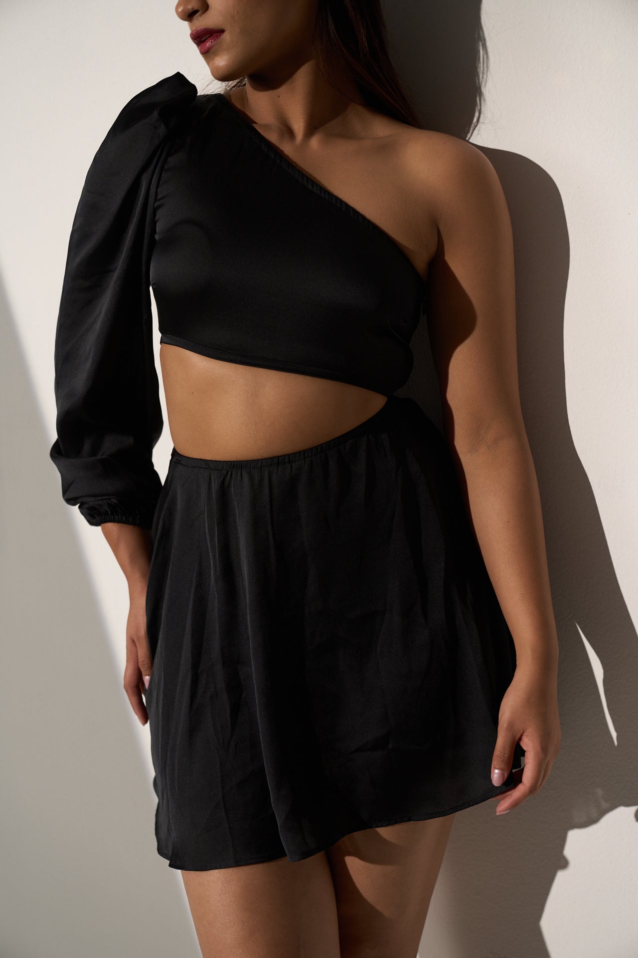 GLAM - One shoulder Black Satin dress