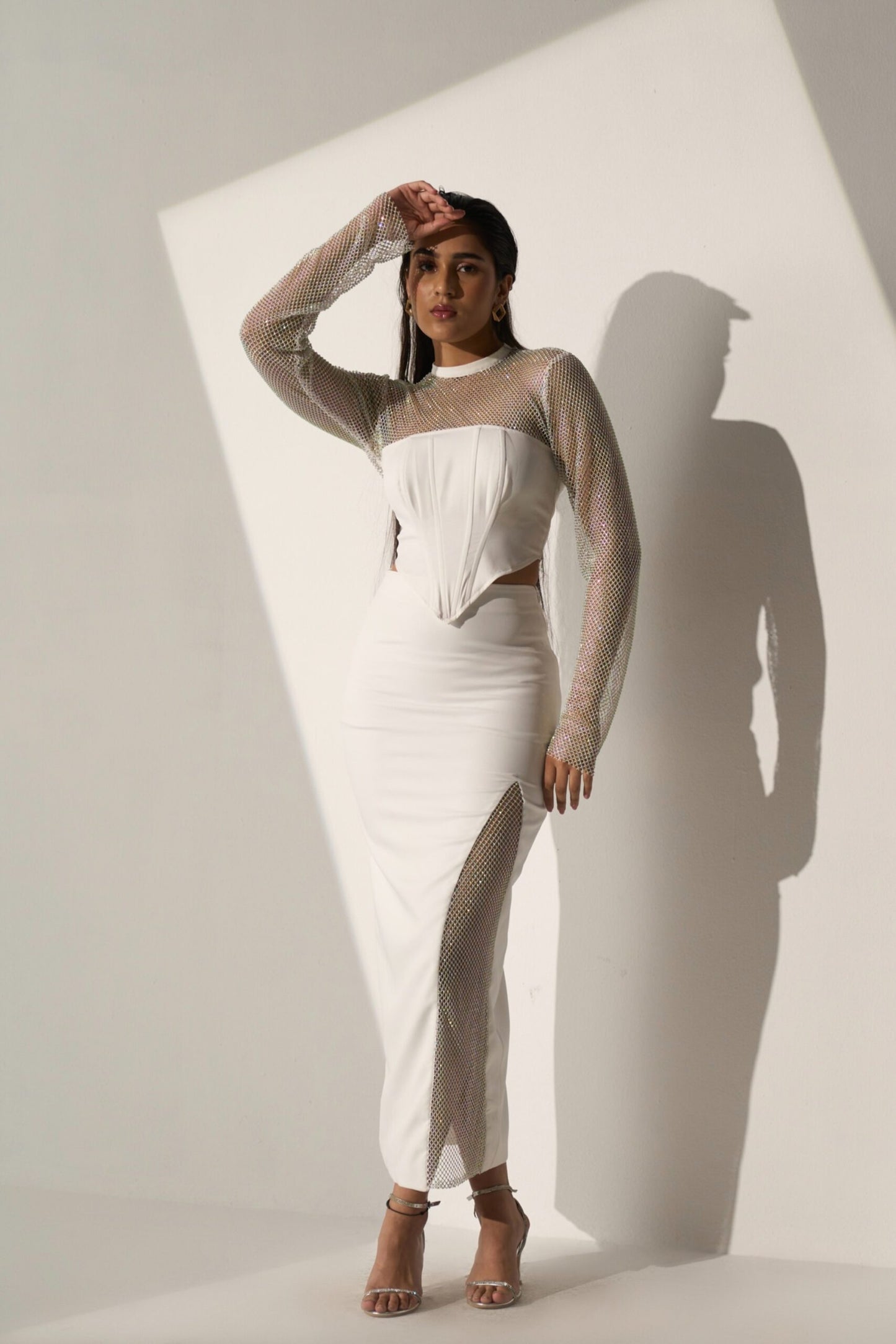 CRYSTAL GIRL - White Crystal Mesh boned corsetry and a Slit skirt (SET)