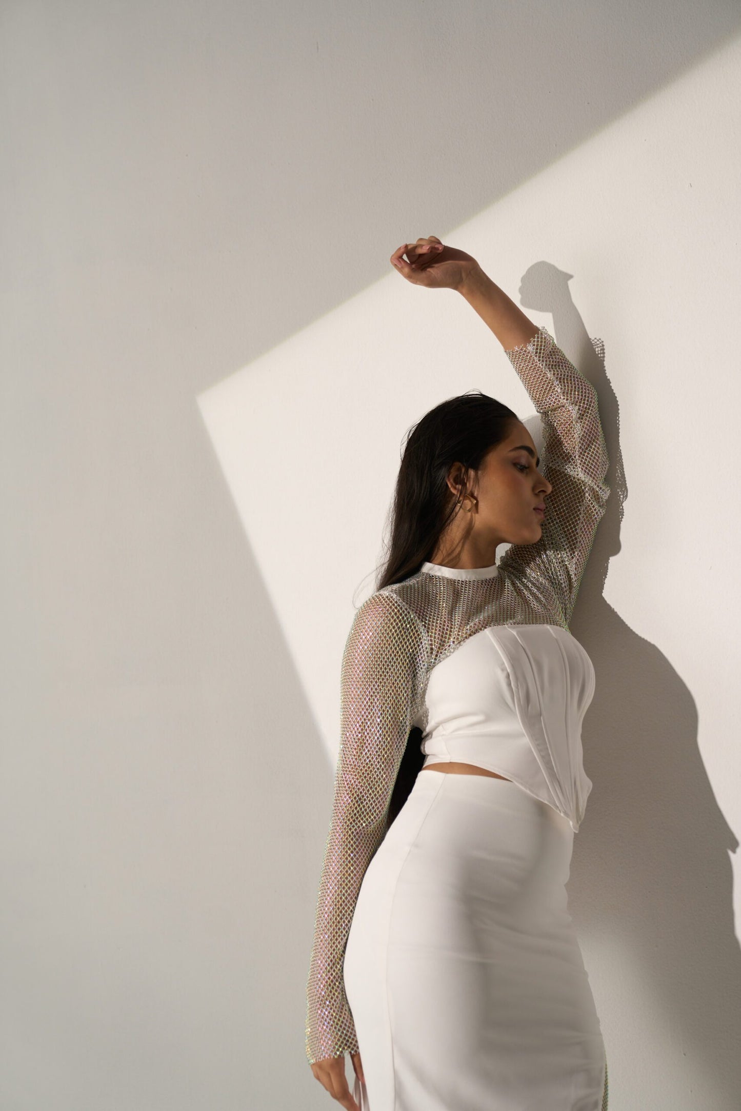 CRYSTAL GIRL - White Crystal Mesh boned corsetry and a Slit skirt (SET)