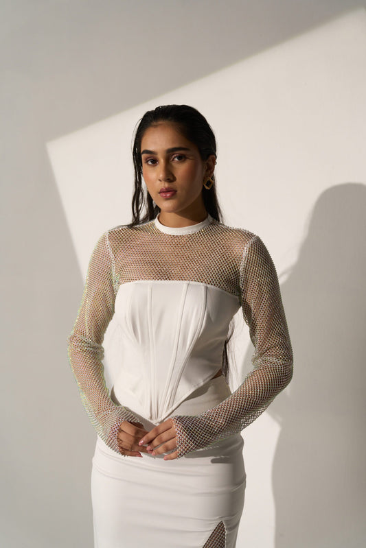 CRYSTAL GIRL - White Crystal Mesh boned corsetry and a Slit skirt (SET)