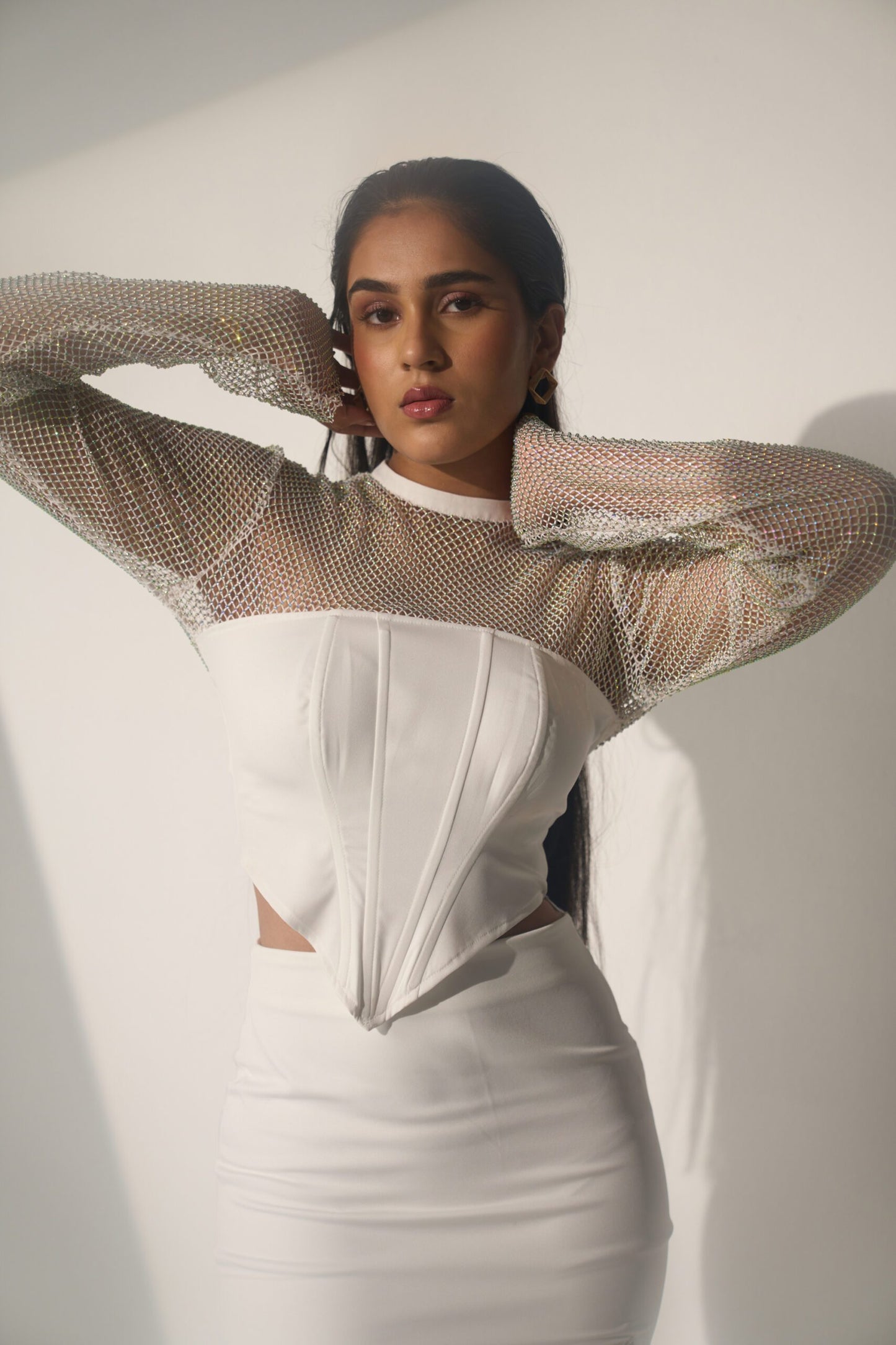 CRYSTAL GIRL - White Crystal Mesh boned corsetry and a Slit skirt (SET)