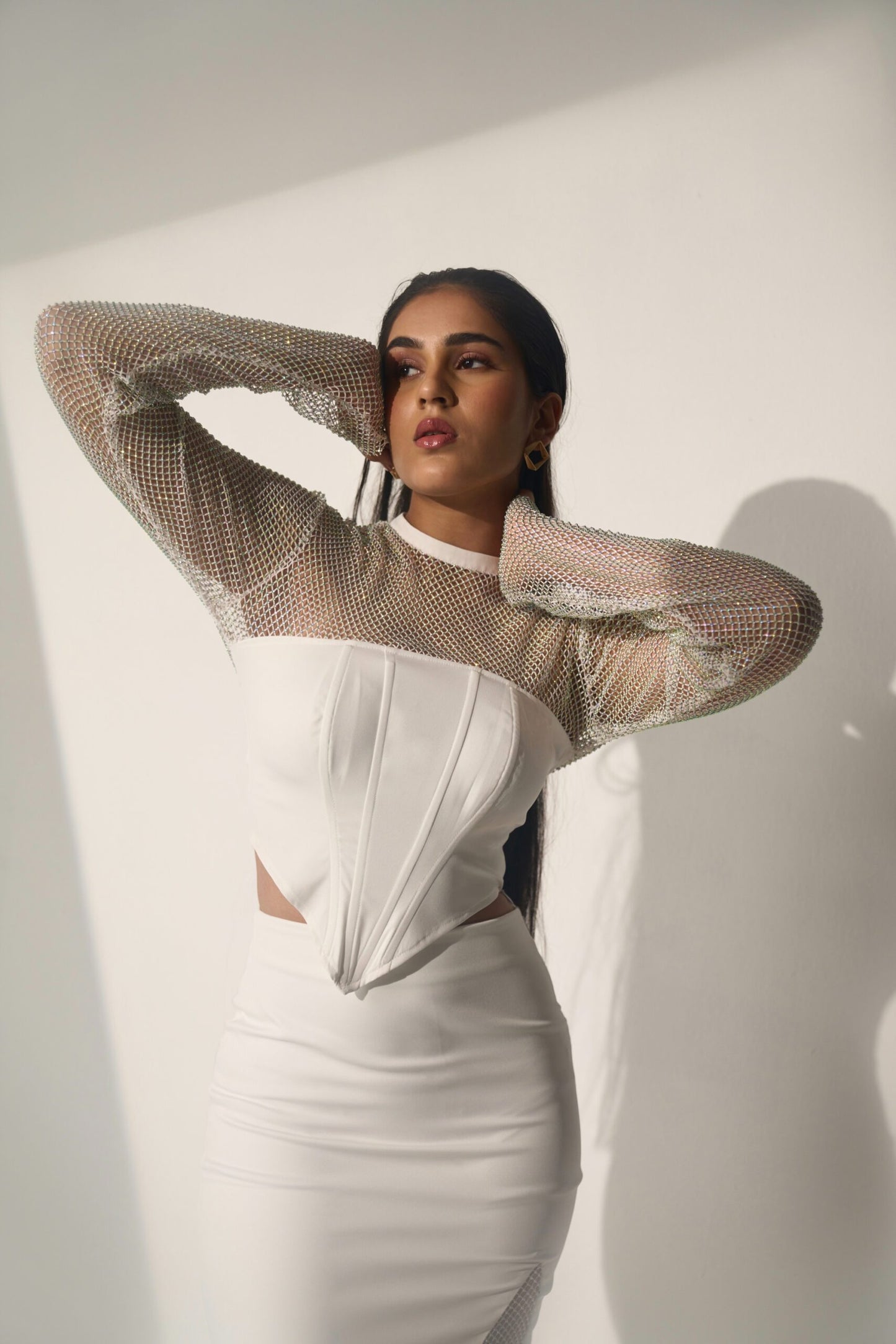 CRYSTAL GIRL - White Crystal Mesh boned corsetry and a Slit skirt (SET)