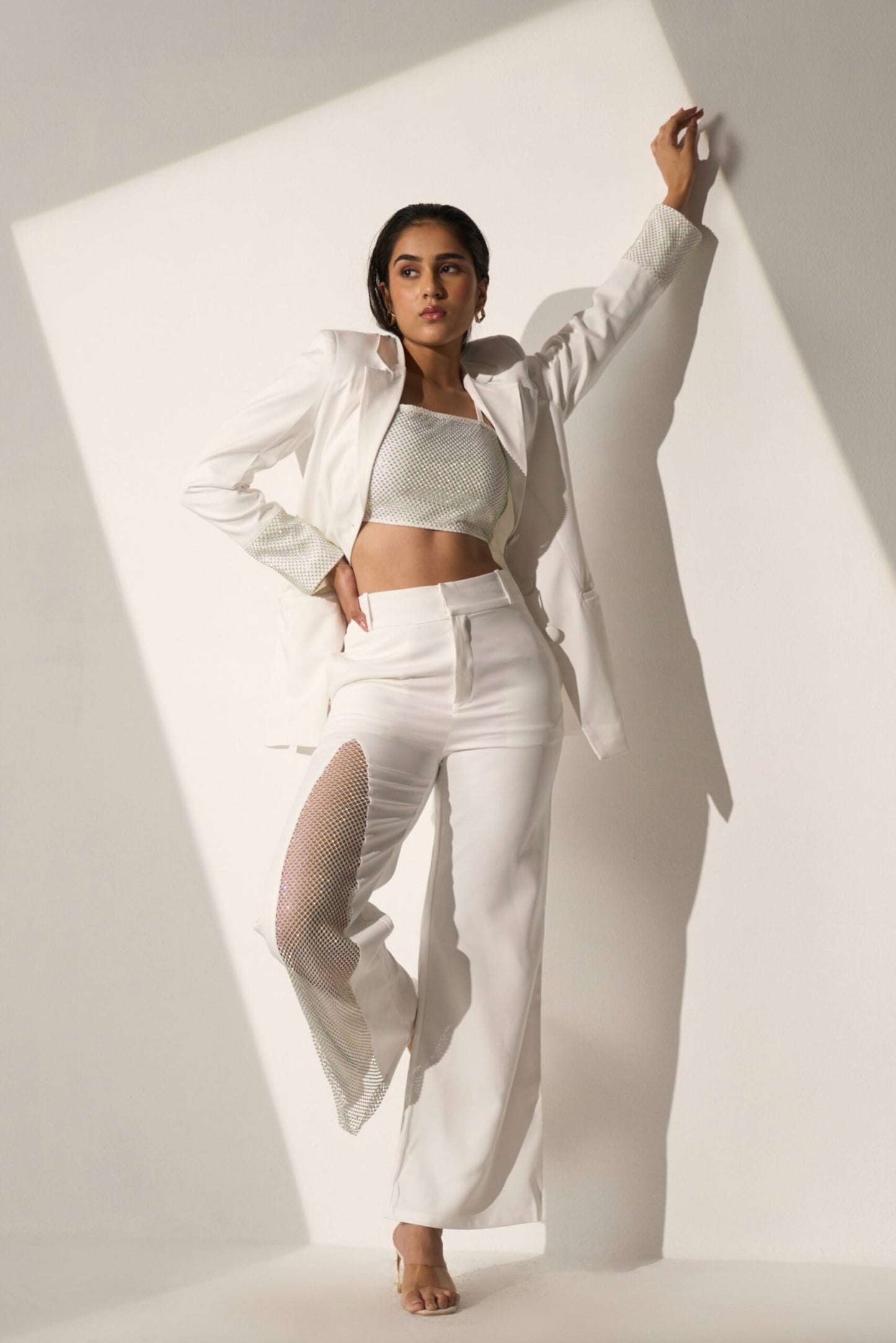 CRYSTAL LOVE - White Crystal Mesh Blazer with Pants and  a Bralette-style top