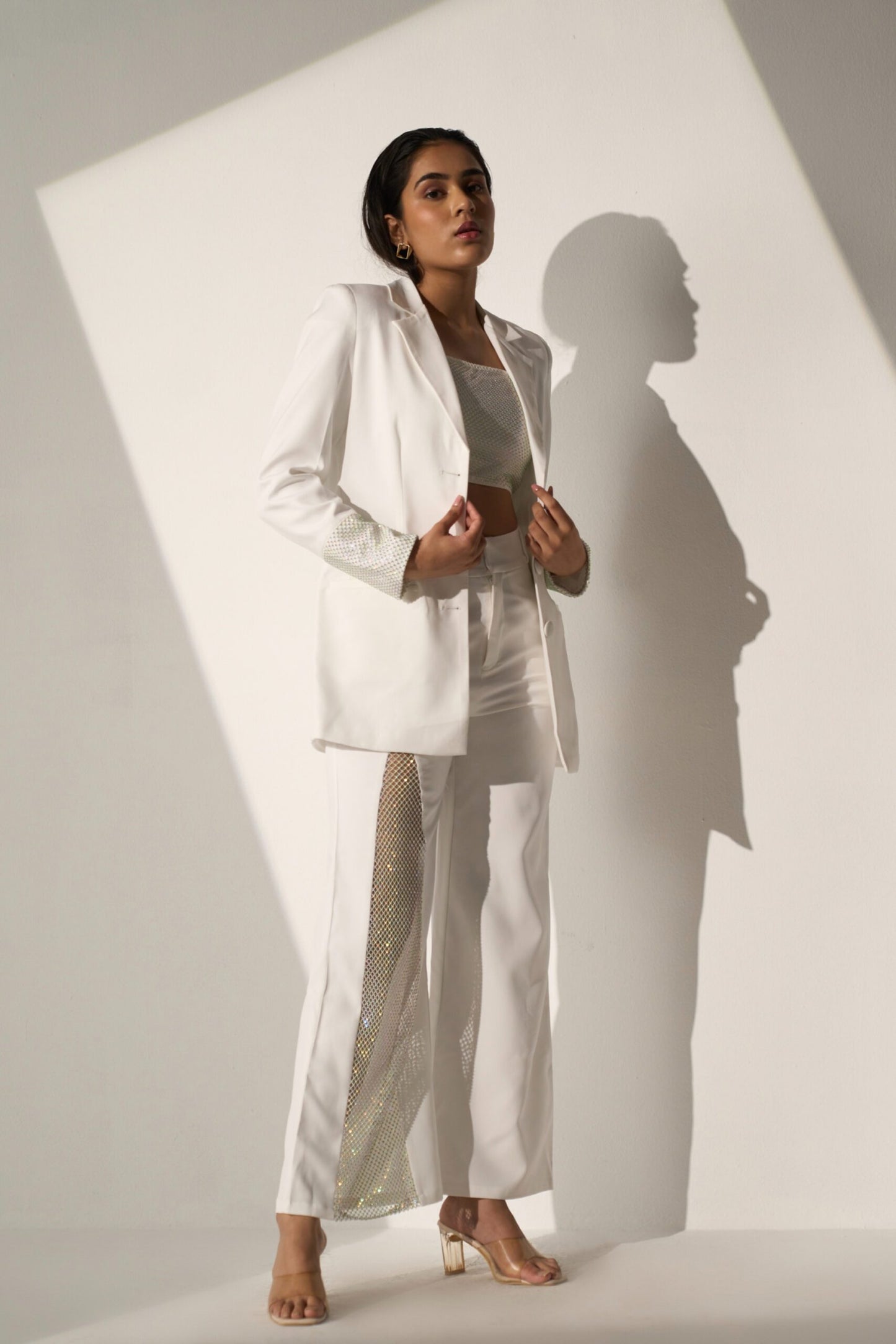 CRYSTAL LOVE - White Crystal Mesh Blazer with Pants and  a Bralette-style top