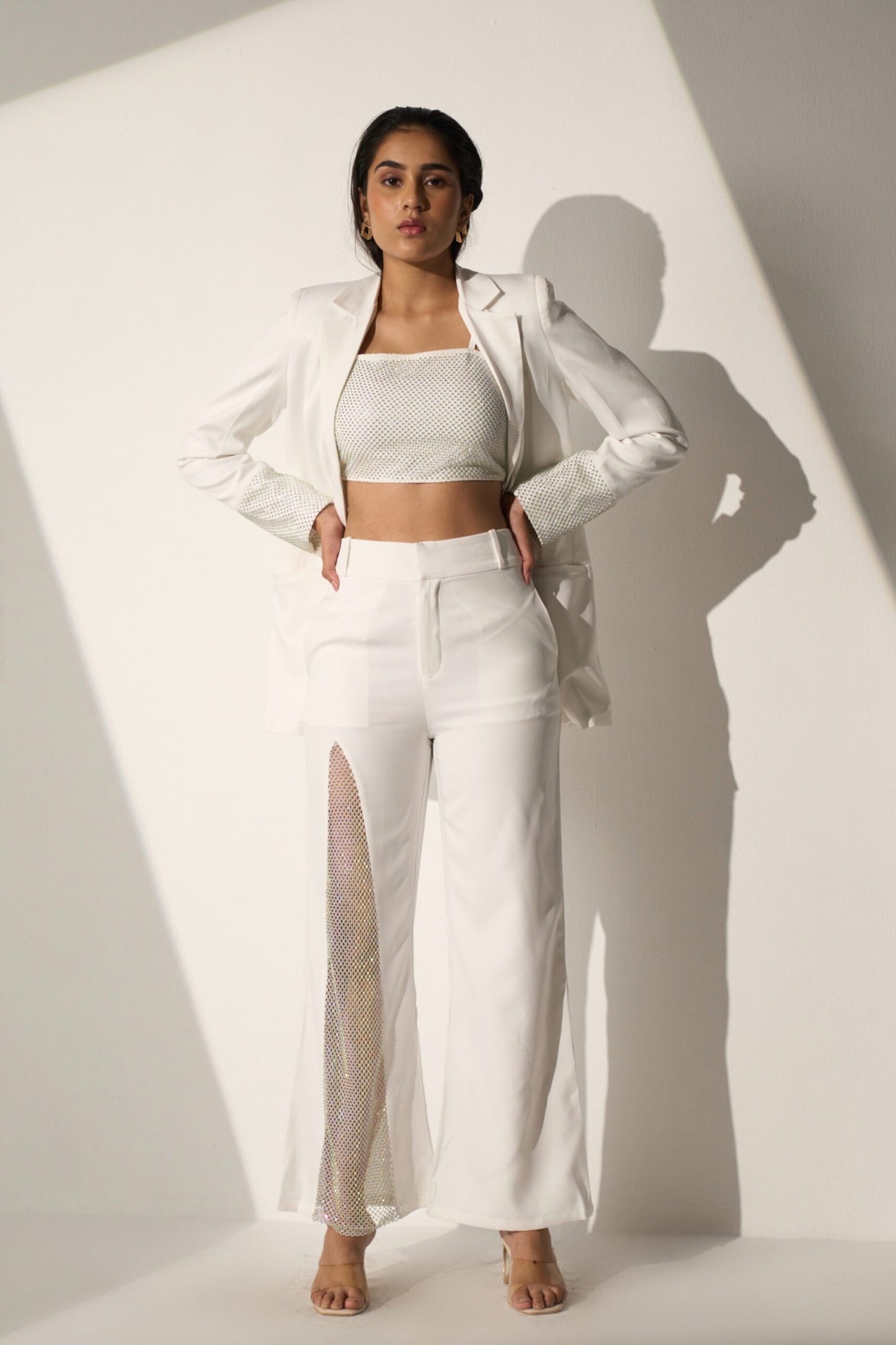 CRYSTAL LOVE - White Crystal Mesh Blazer with Pants and  a Bralette-style top