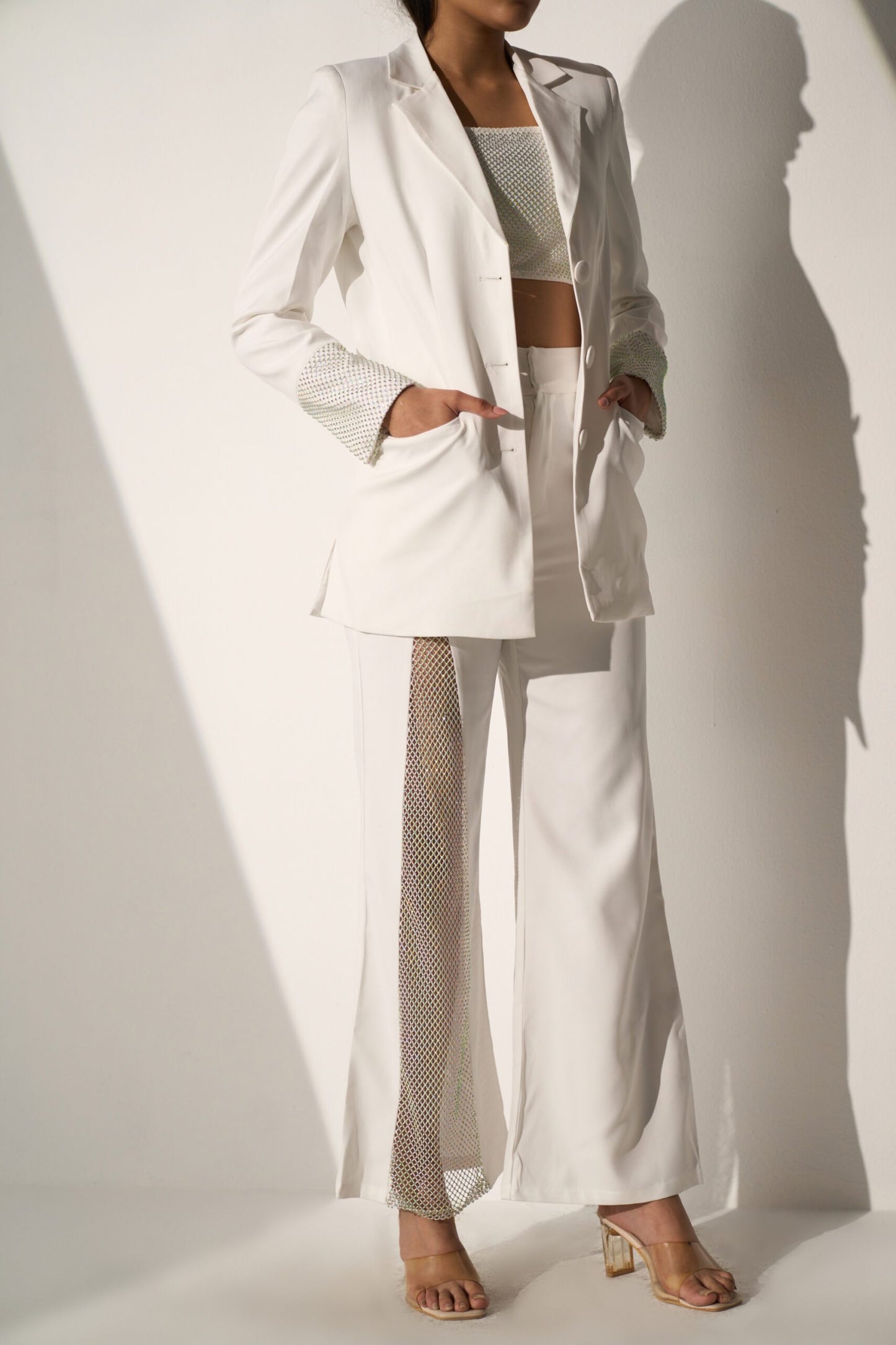 CRYSTAL LOVE - White Crystal Mesh Blazer with Pants and  a Bralette-style top