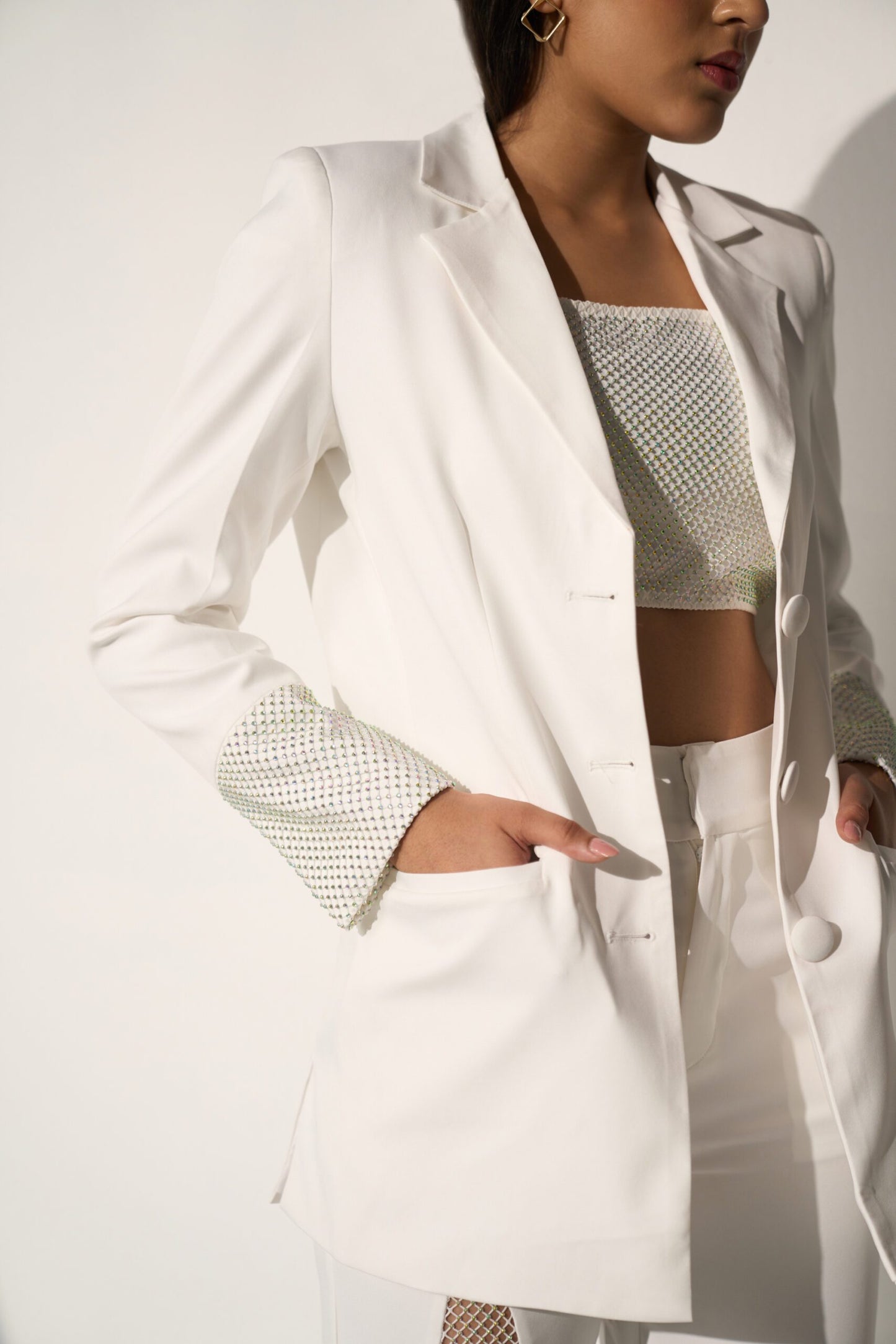 CRYSTAL LOVE - White Crystal Mesh Blazer with Pants and  a Bralette-style top