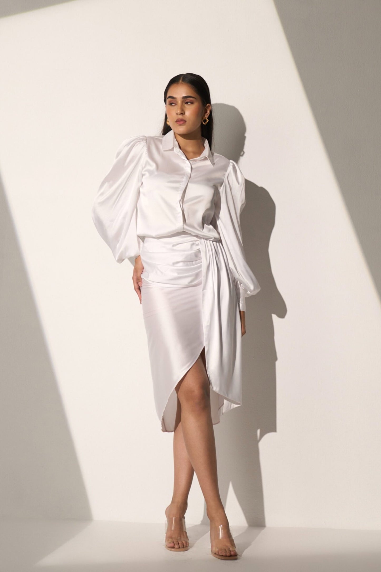 WHITE MUSE - Satin shirt with skirt (Set)