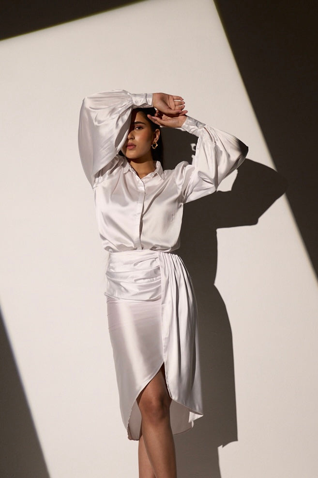 WHITE MUSE - Satin shirt with skirt (Set)