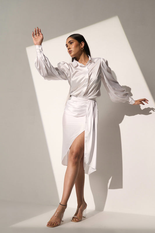 WHITE MUSE - Satin shirt with skirt (Set)