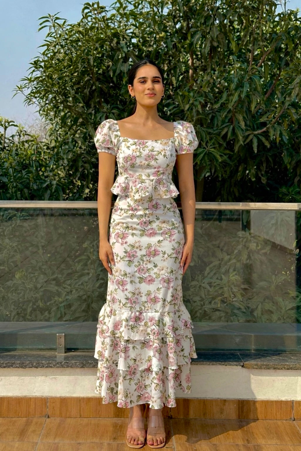 AMORE - Printed top with Skirt with Puff Sleeves (Set)