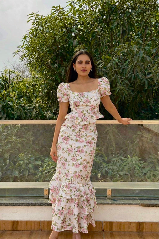 AMORE - Printed top with Skirt with Puff Sleeves (Set)