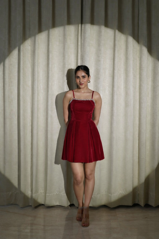 VELVET LOVE - LUXURIOUS MAROON VELVET FLARED DRESS (Short length)
