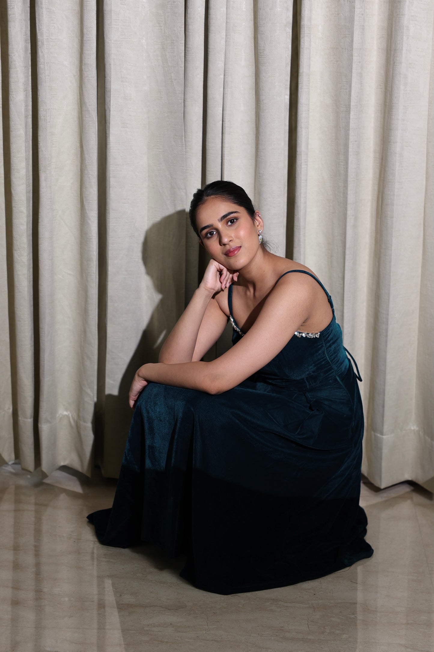 VELVET LOVE - LUXURIOUS TEAL VELVET FLARED DRESS