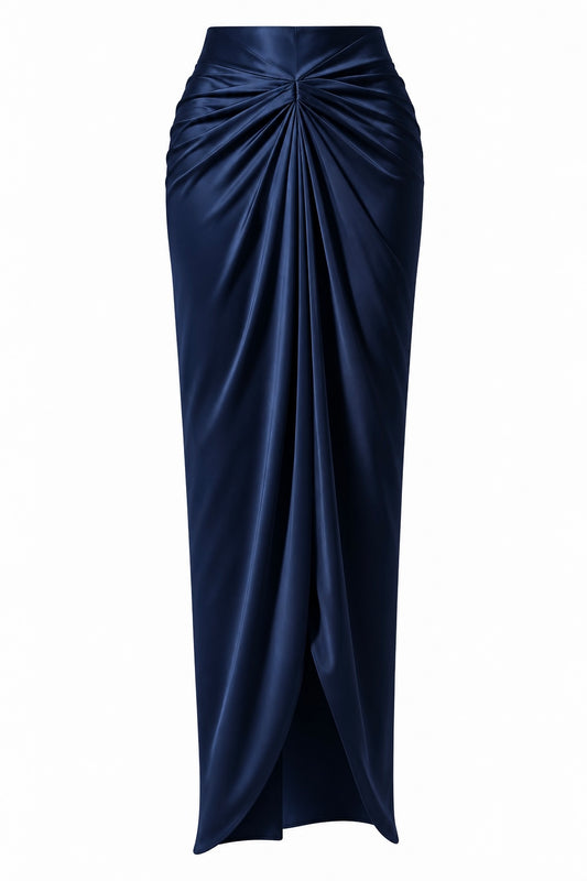 Women’s Satin Draped Pleated Navy Blue Skirt