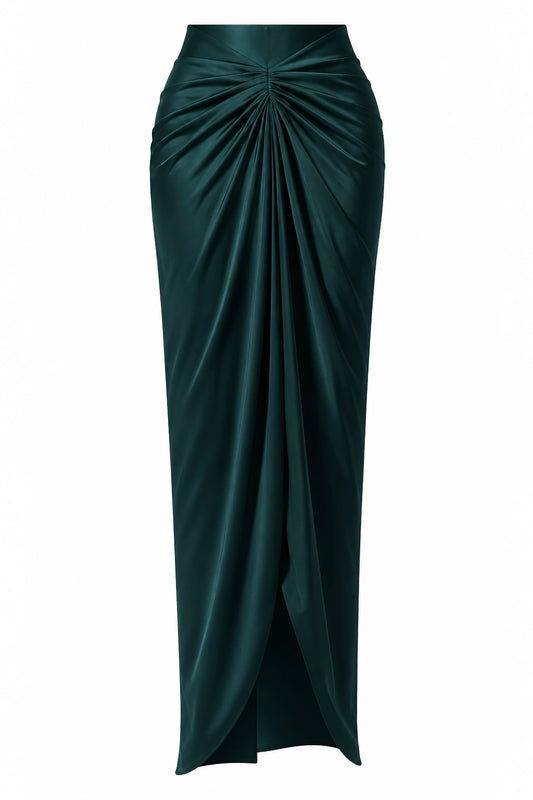 Women’s Satin Draped Pleated Emerald Green Skirt