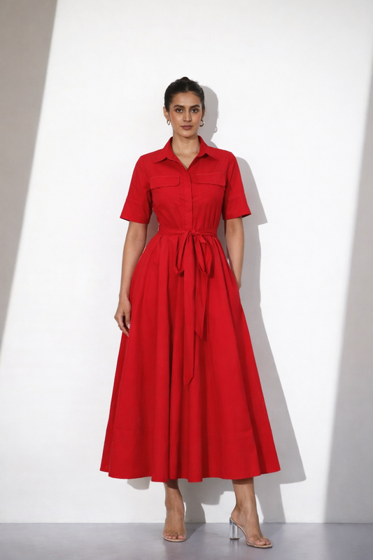 Red Cotton Shirt Dress