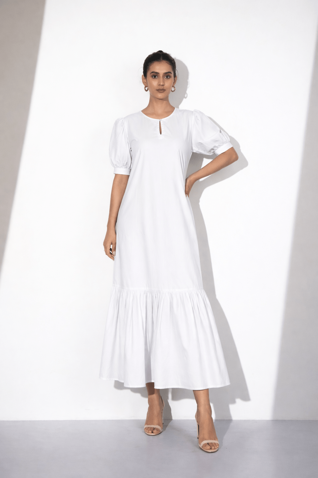 White Cotton Puff Sleeve Maxi Dress
