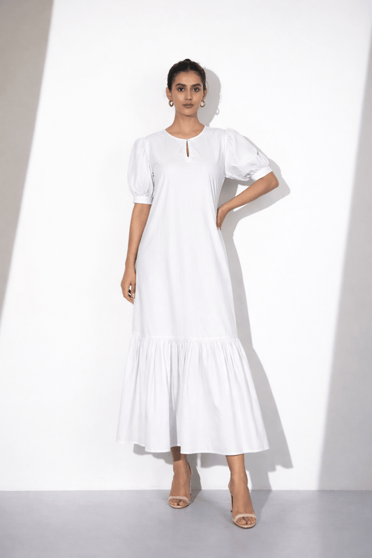 White Cotton Puff Sleeve Maxi Dress