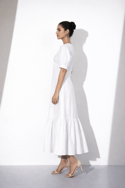 White Cotton Puff Sleeve Maxi Dress