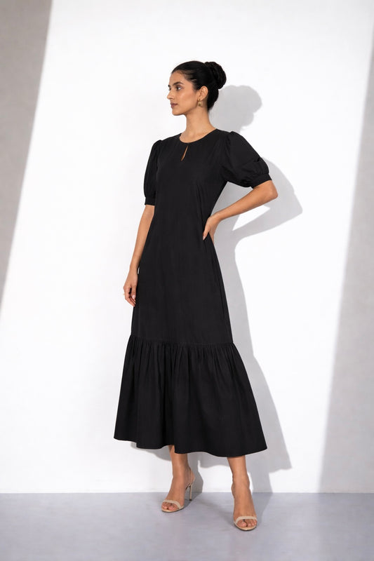 Black Cotton Puff Sleeve Midi Dress