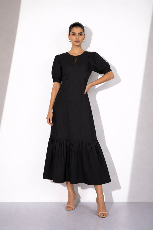 Black Cotton Puff Sleeve Midi Dress