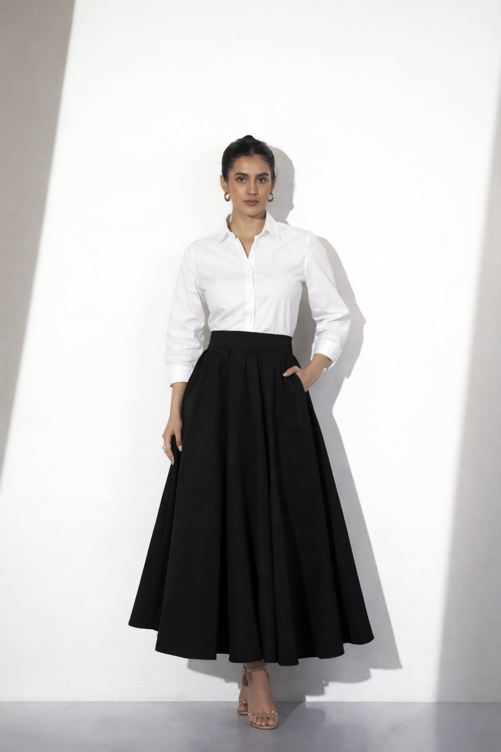 White Cotton Shirt & Black Crepe Skirt Set