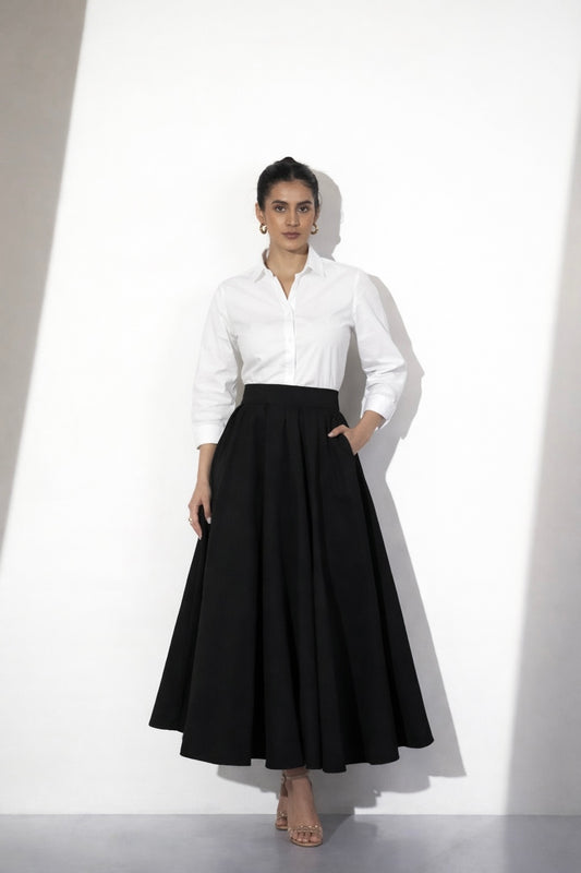 White Cotton Shirt & Black Crepe Skirt Set