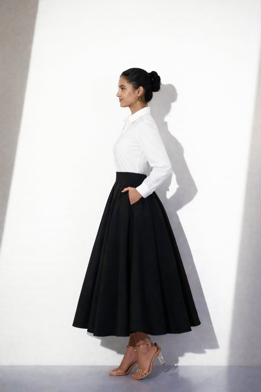 White Cotton Shirt & Black Crepe Skirt Set