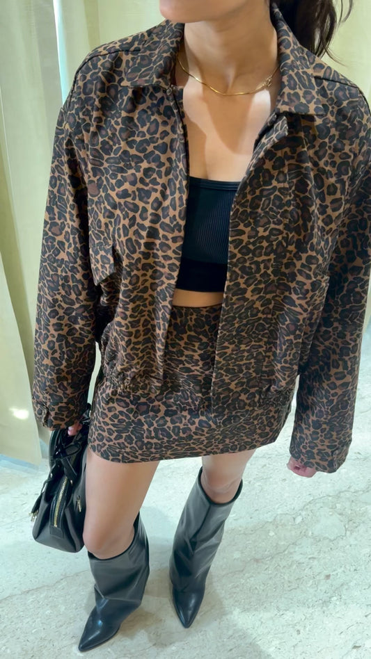 Cheetah Print Denim Jacket & Skirt Set