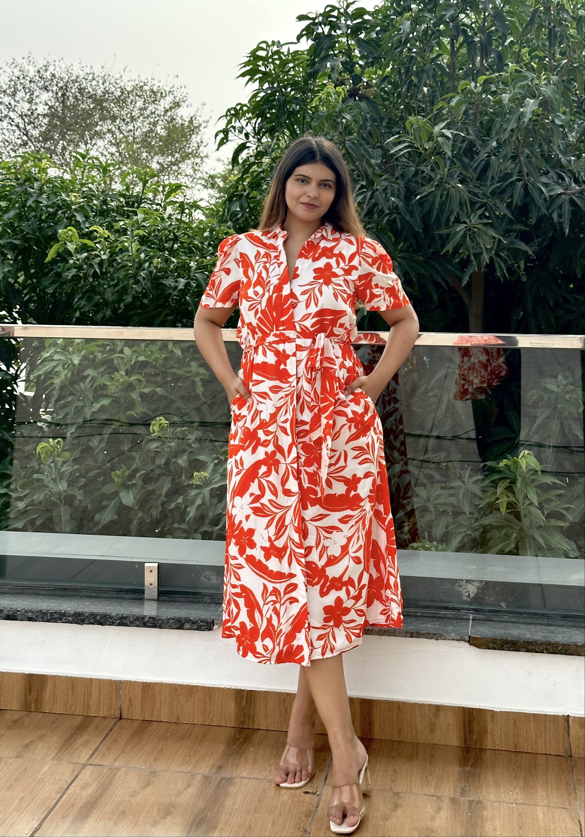 PRETTY ORANGE – Printed cotton Shirt dress