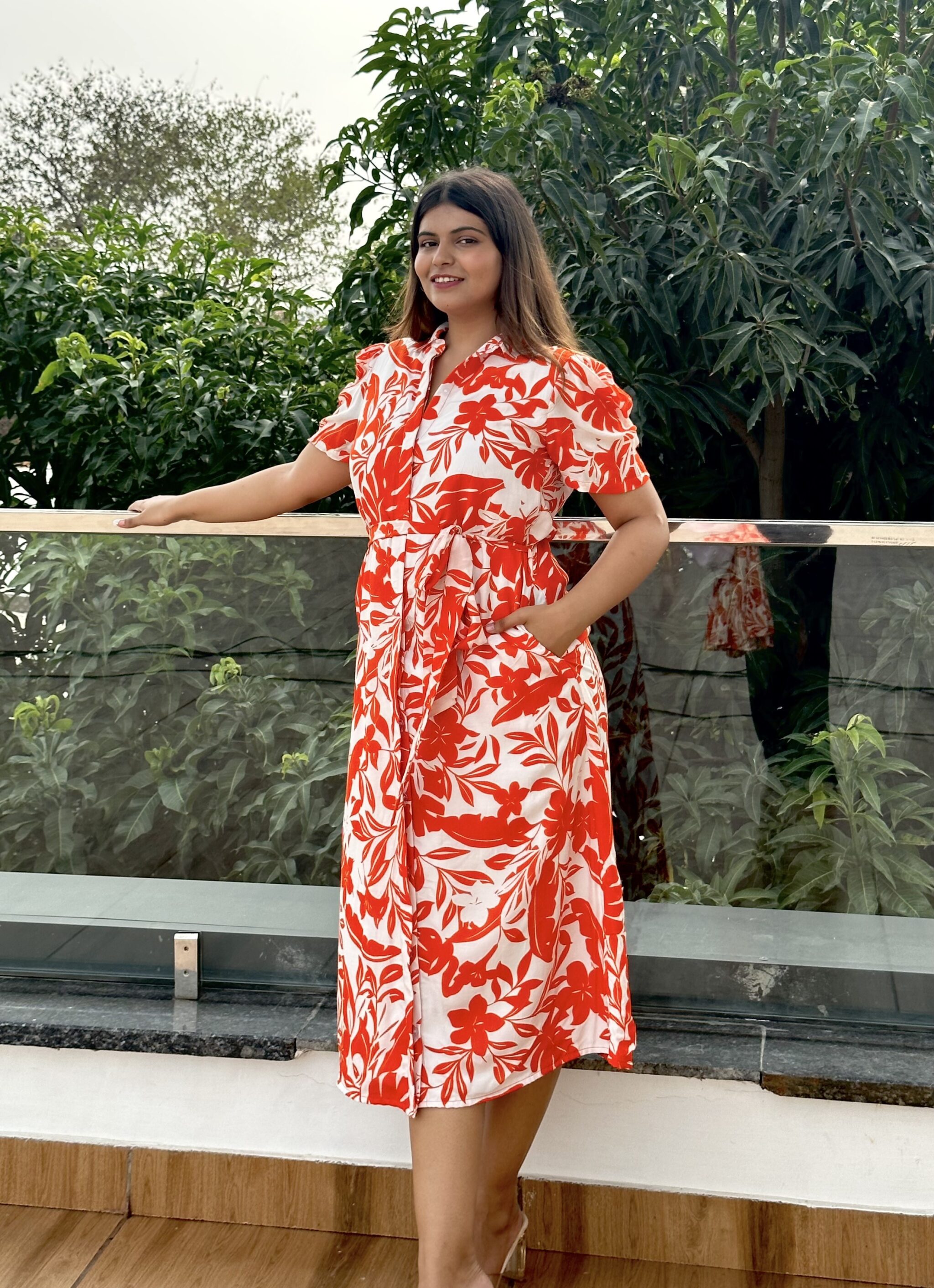 PRETTY ORANGE – Printed cotton Shirt dress